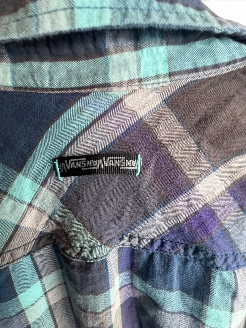 Vans Boys Plaid Button Down Shirt Purple Teal Long Sleeve Size XL